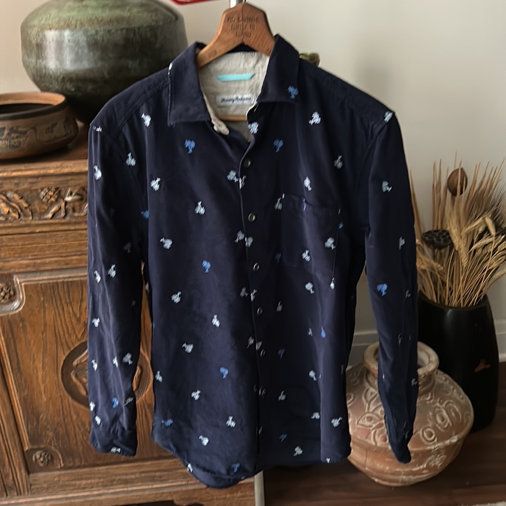 Tommy Bahama Corduroy Palm Tree Print Button Down Navy Shirt